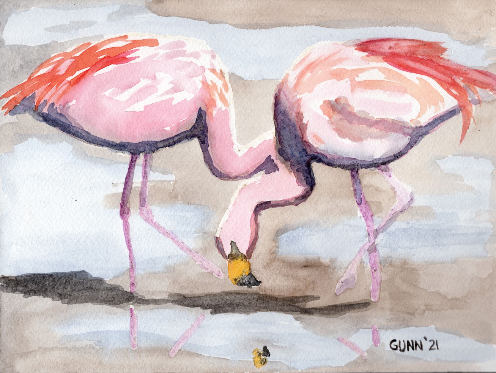 Impressionist Flamingoes, was intended to be called Beachcombing Flamingoes