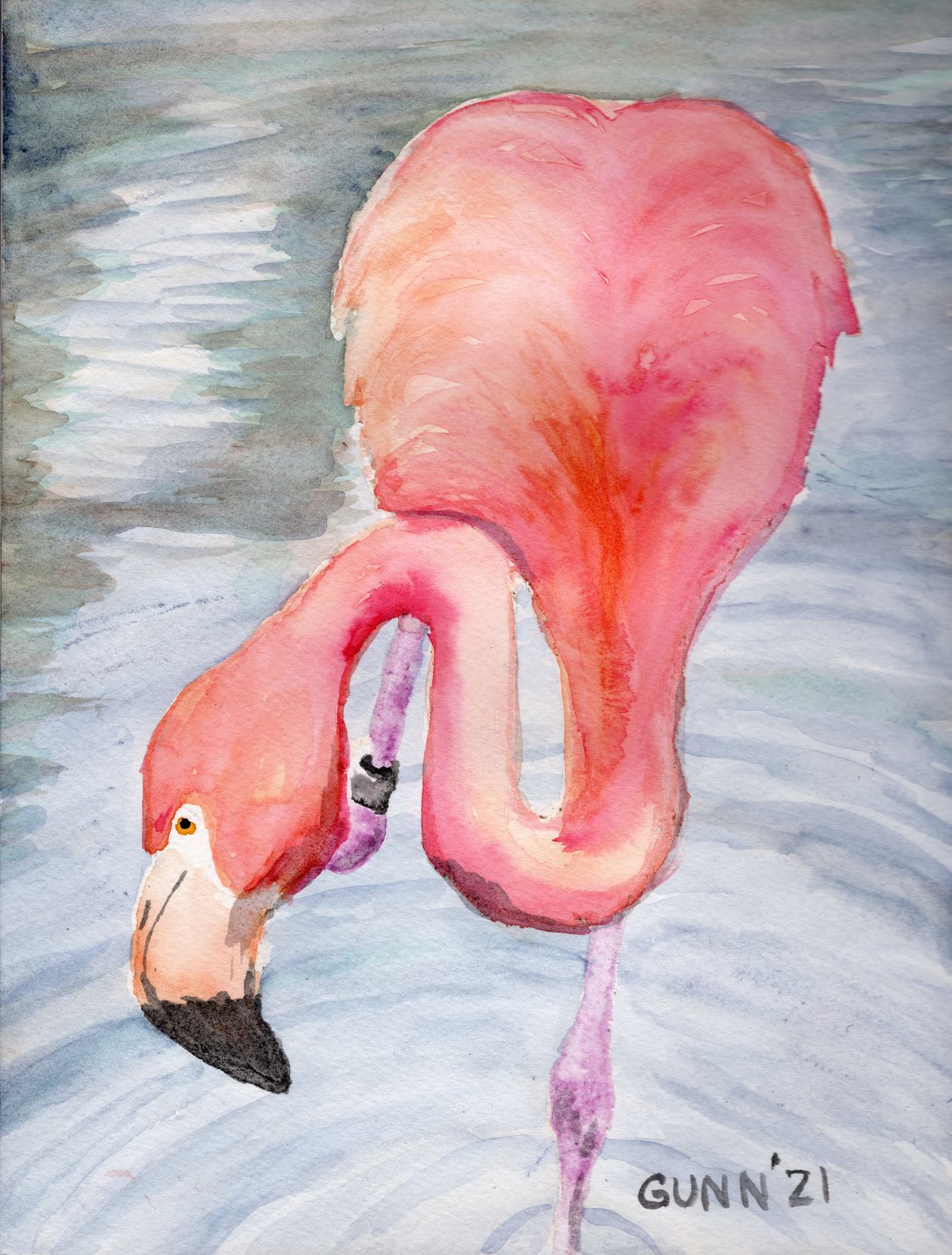 Curious Flamingo watercolor painting