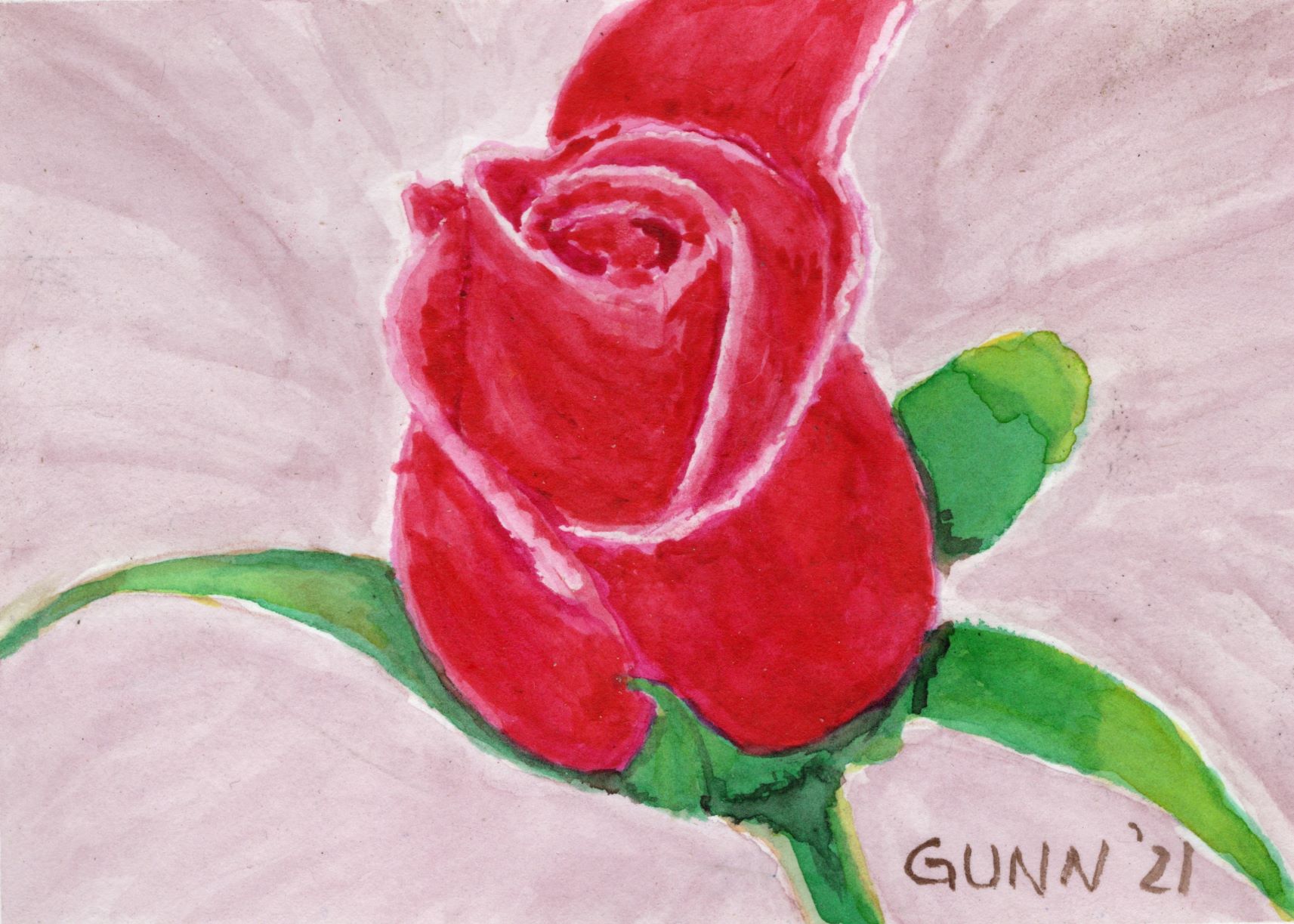 Red Rosebud watercolor painting