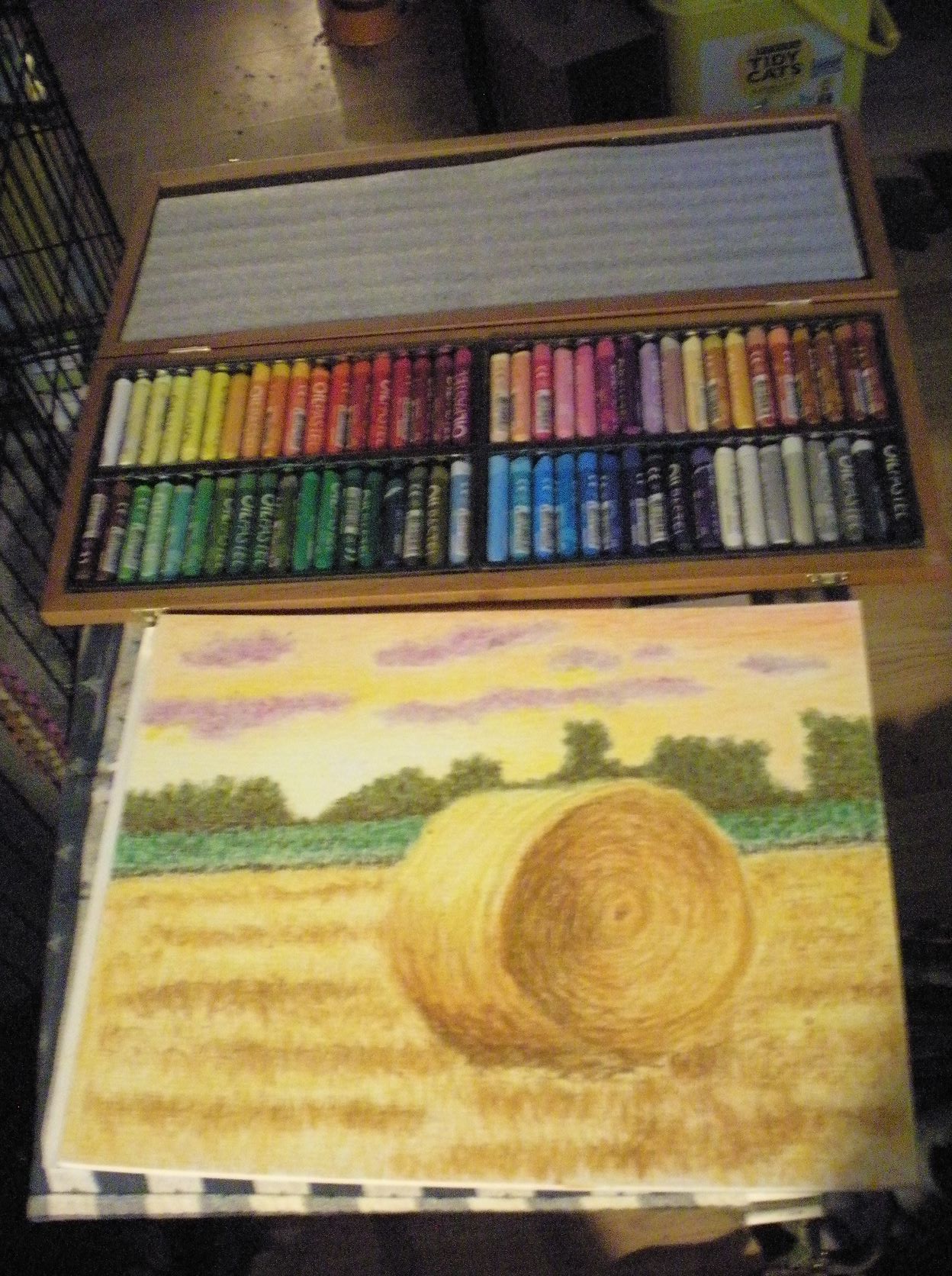 first layer of Mungyo Gallery standard oil pastel for my landscape Sunset Over the Hayfield