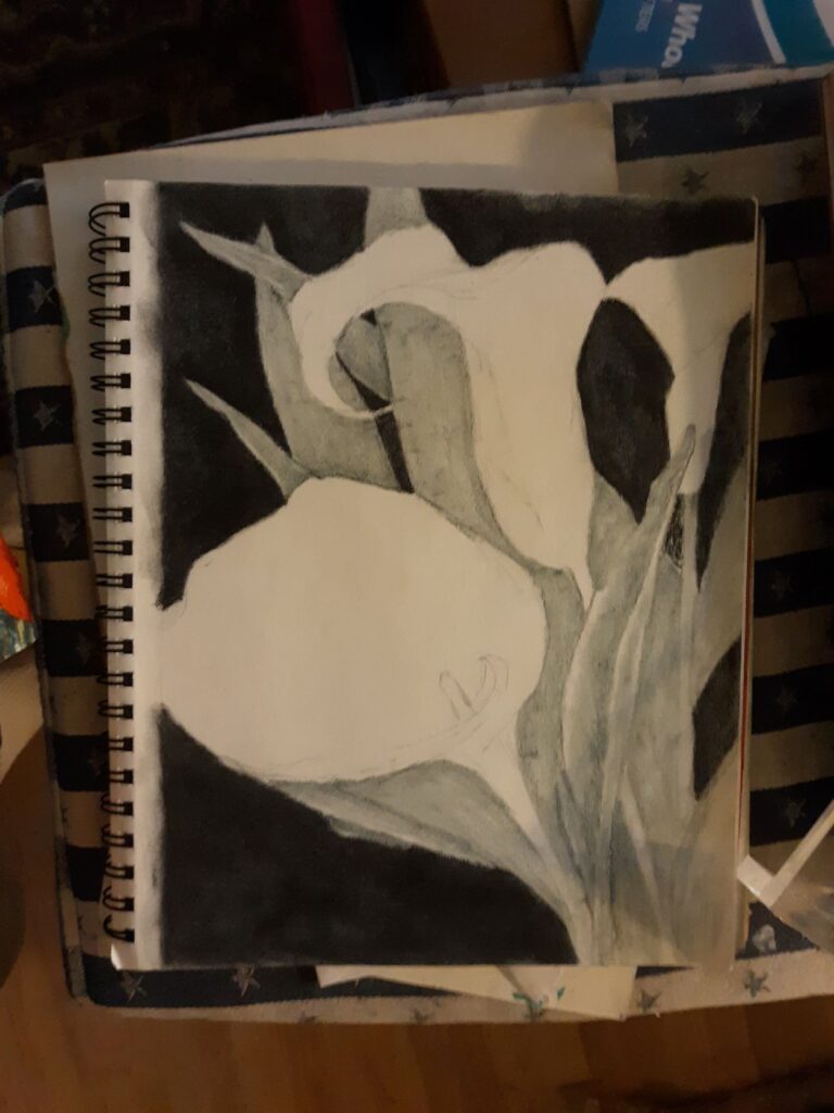 starting to shade in the leaves and stems with green tinted charcoal