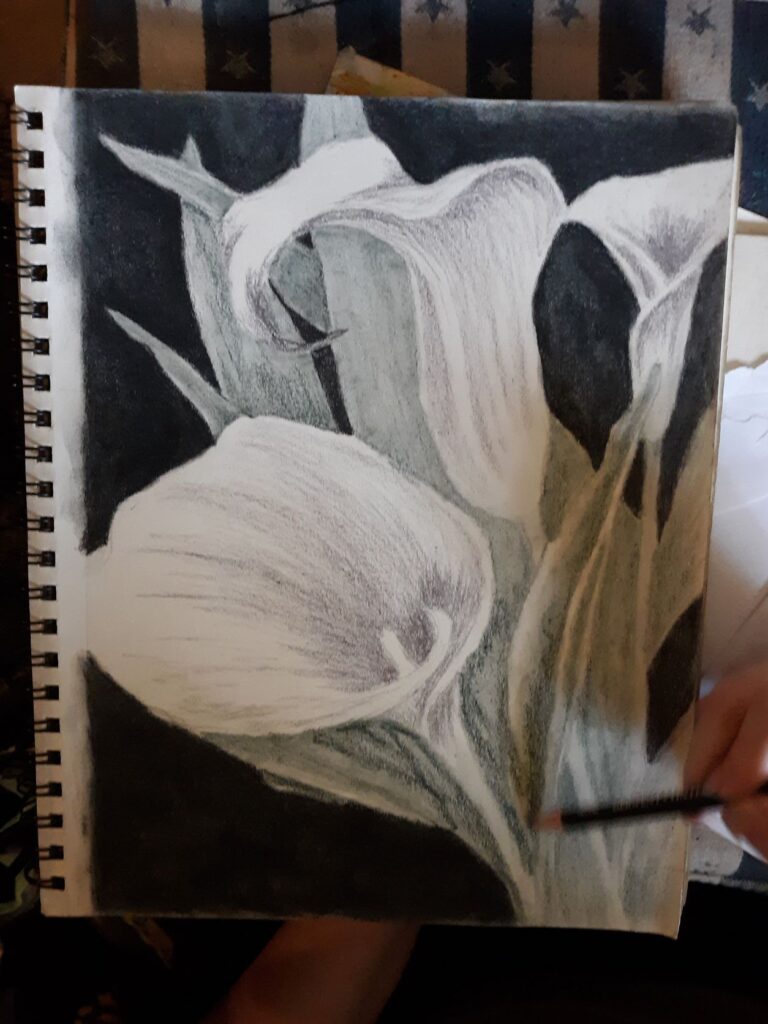 beginning shading the white calla lilies with a light purple