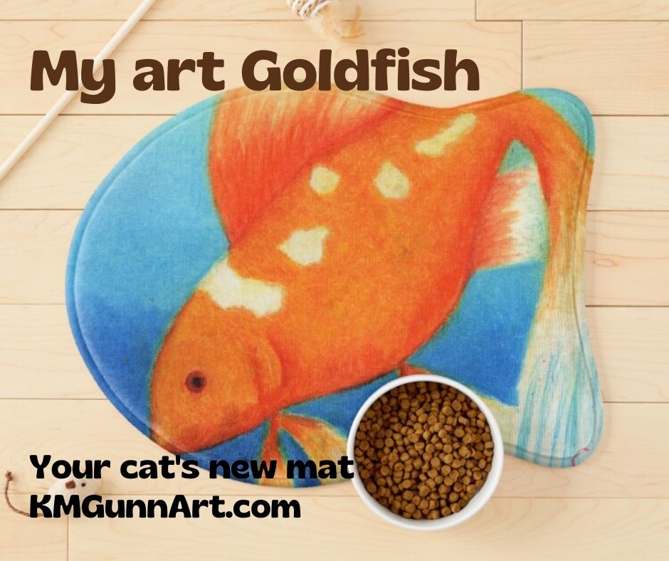 image of my oil pastel artwork Goldfish on a fish-shaped mat for cats