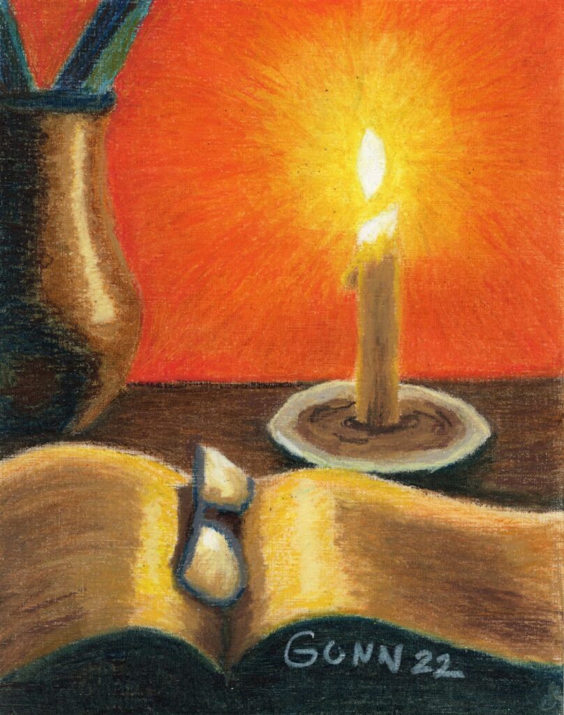 Book Reading by Candlelight oil pastel still life
