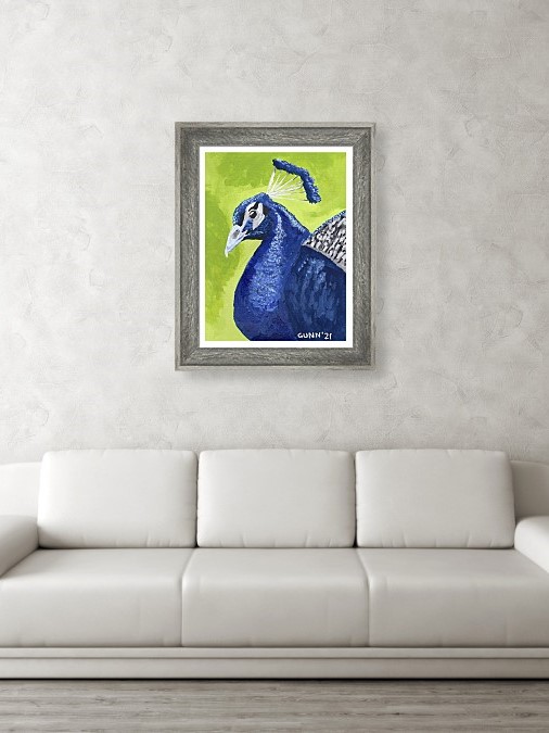mock-up of Peacock Portrait framed and on a white wall