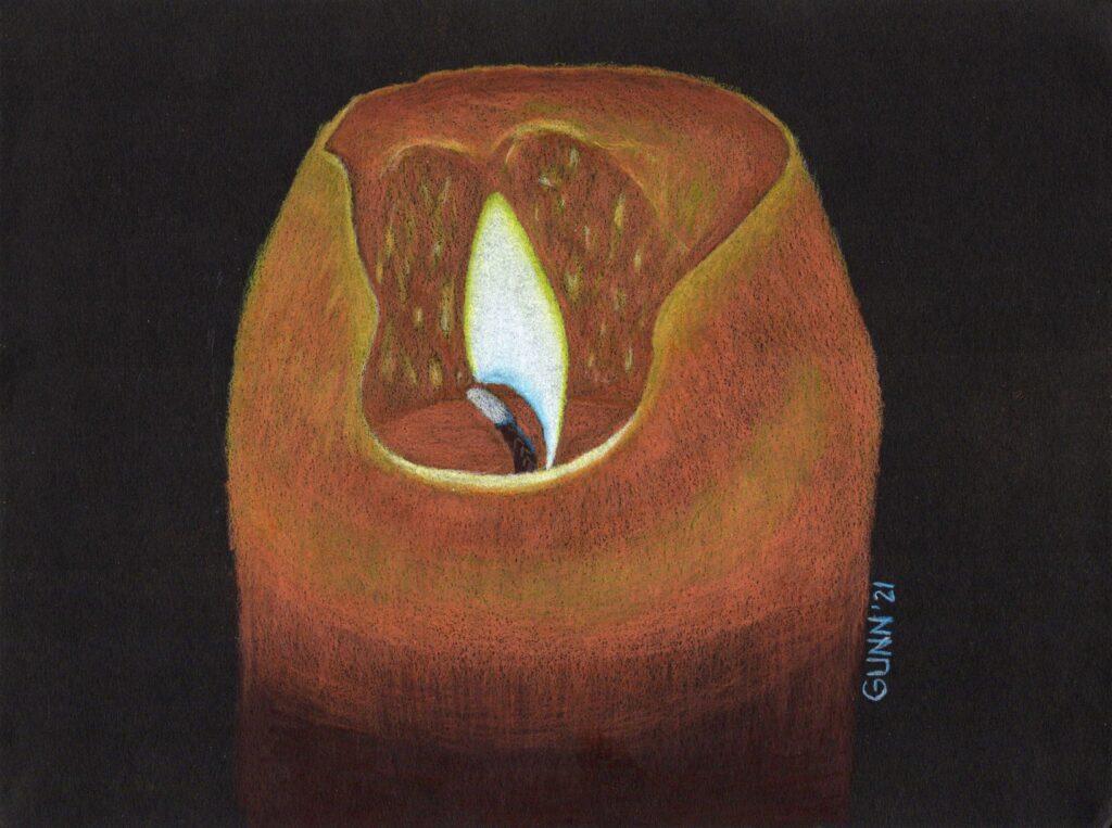 color pencil study of A Single Candle on black paper, lighted orage pillar candle with flame the focal point