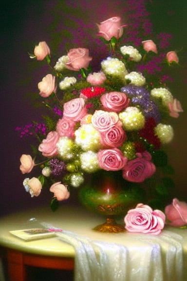 a very classic image of a bouquet of different colored roses in a fancy vase on a table, done in the Romanticism style with a Thomas Kincade look
