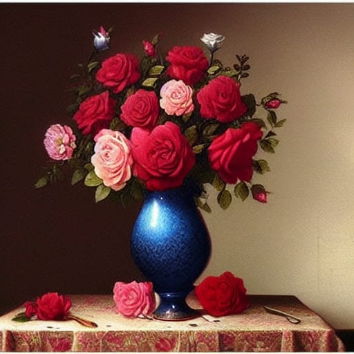bouquet of red and pink roses with green foliage in blue vase on table
