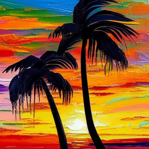 Sunset Palms, two palm trees silhouetted against a brilliant sunset sky with simulated impasto