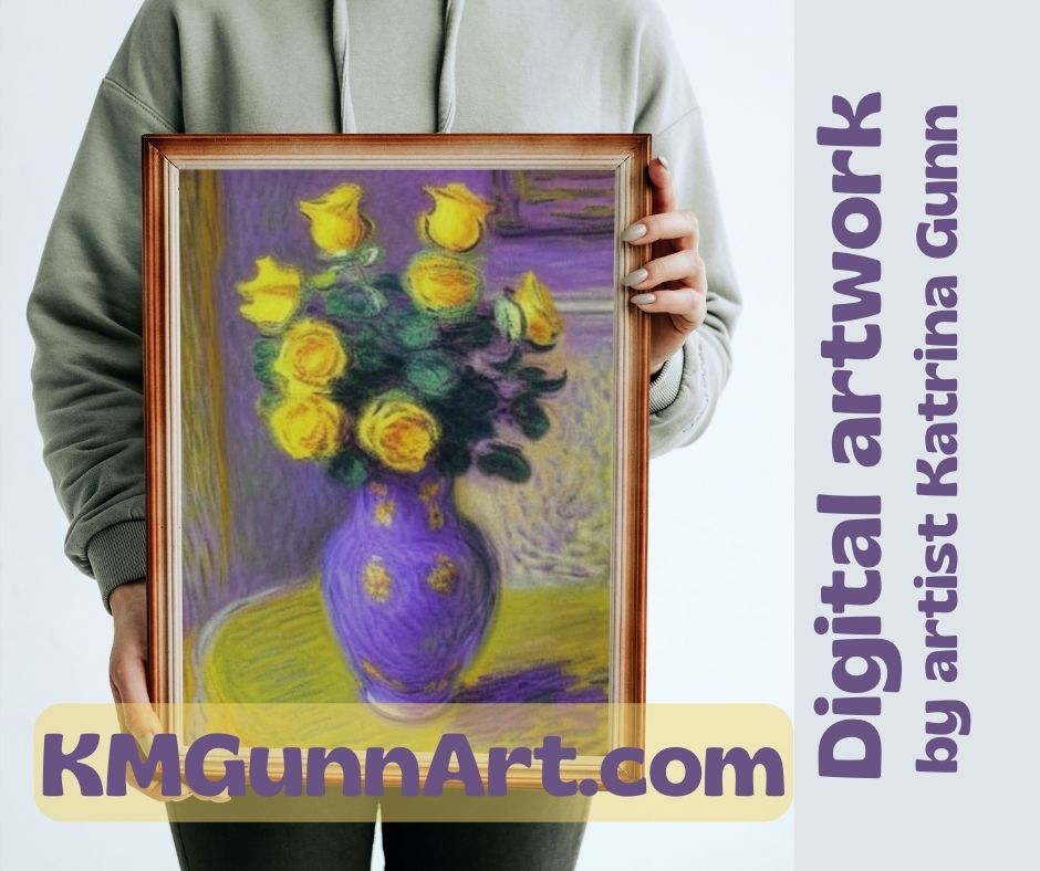 Picture of woman holding framed art print Yellow Roses in Purple Vase