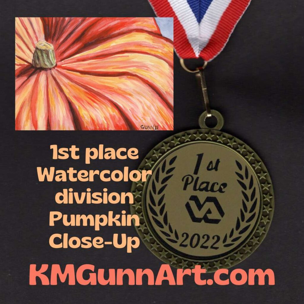 snapshot of the first place medal for the watercolor painting Pumpkin Close-Up with on-image caption and inset of artwork