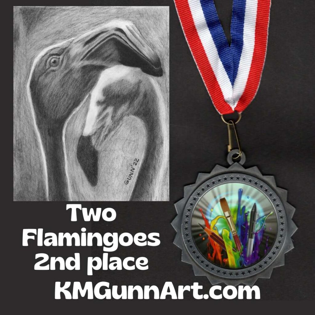 2nd place award winning artwork Two Flamingoes in monochromatic drawing division