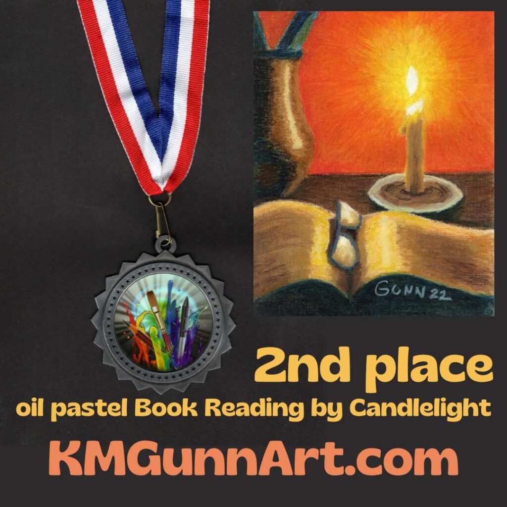 2nd place award winning artwork Book Reading By Candlelight oil pastel artwork