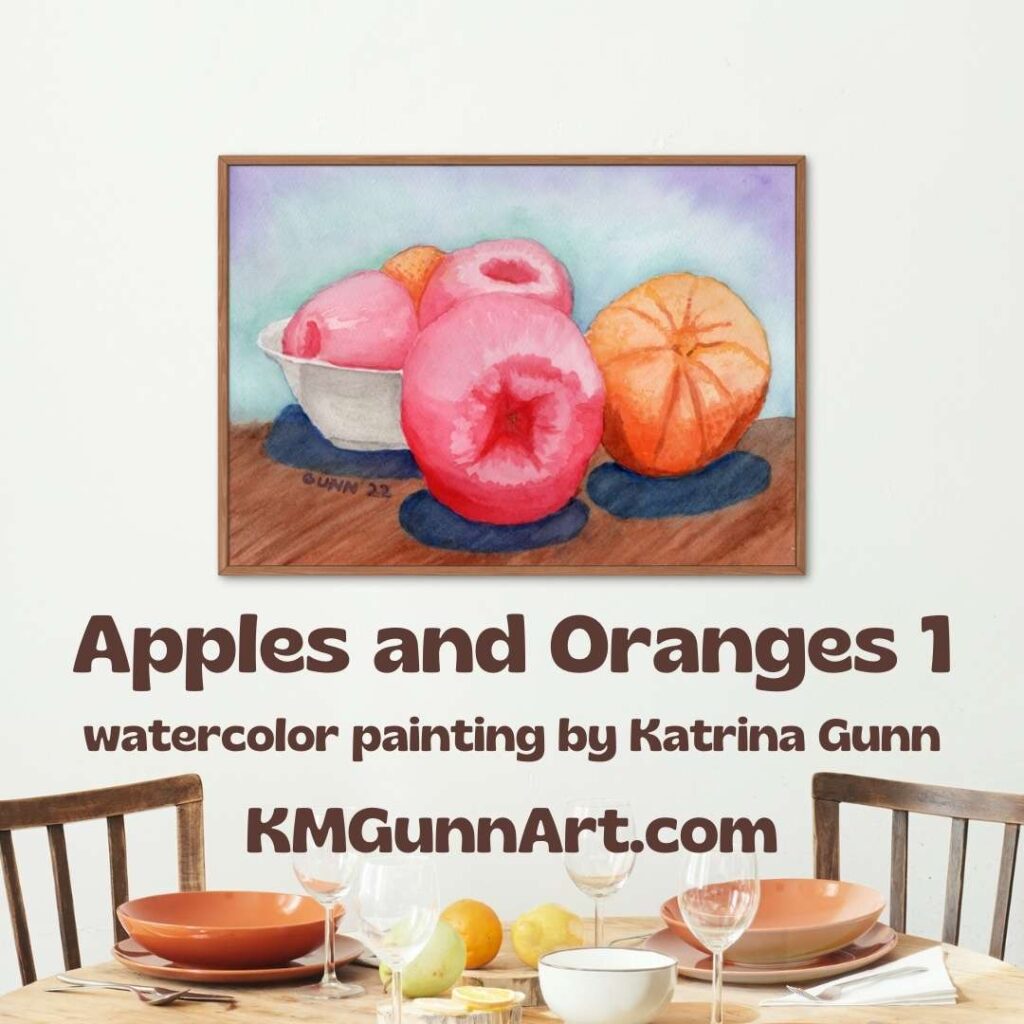 image of large art print of my watercolor still life Apples and Oranges 1 hanging on a wall over a set dining table