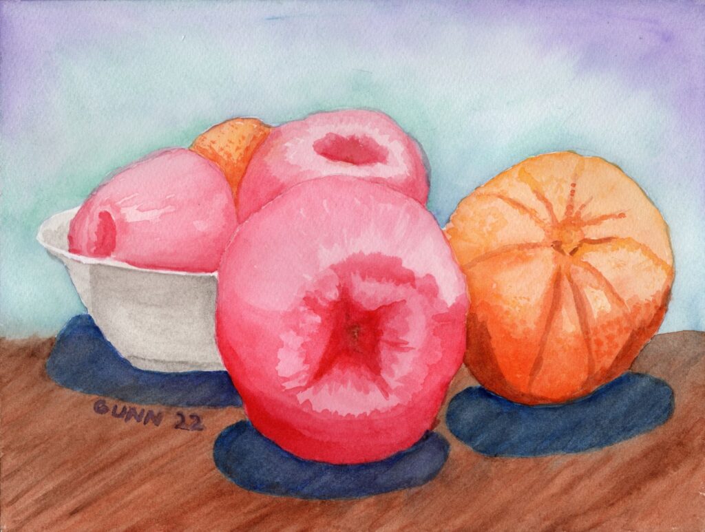 Apples and Oranges 1, still life painting in watercolor on paper, 9 x 12 inches