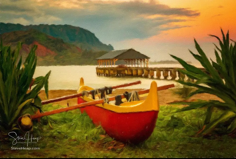traditional red and yellow Hawaiian canoe up on the beach on Kauai