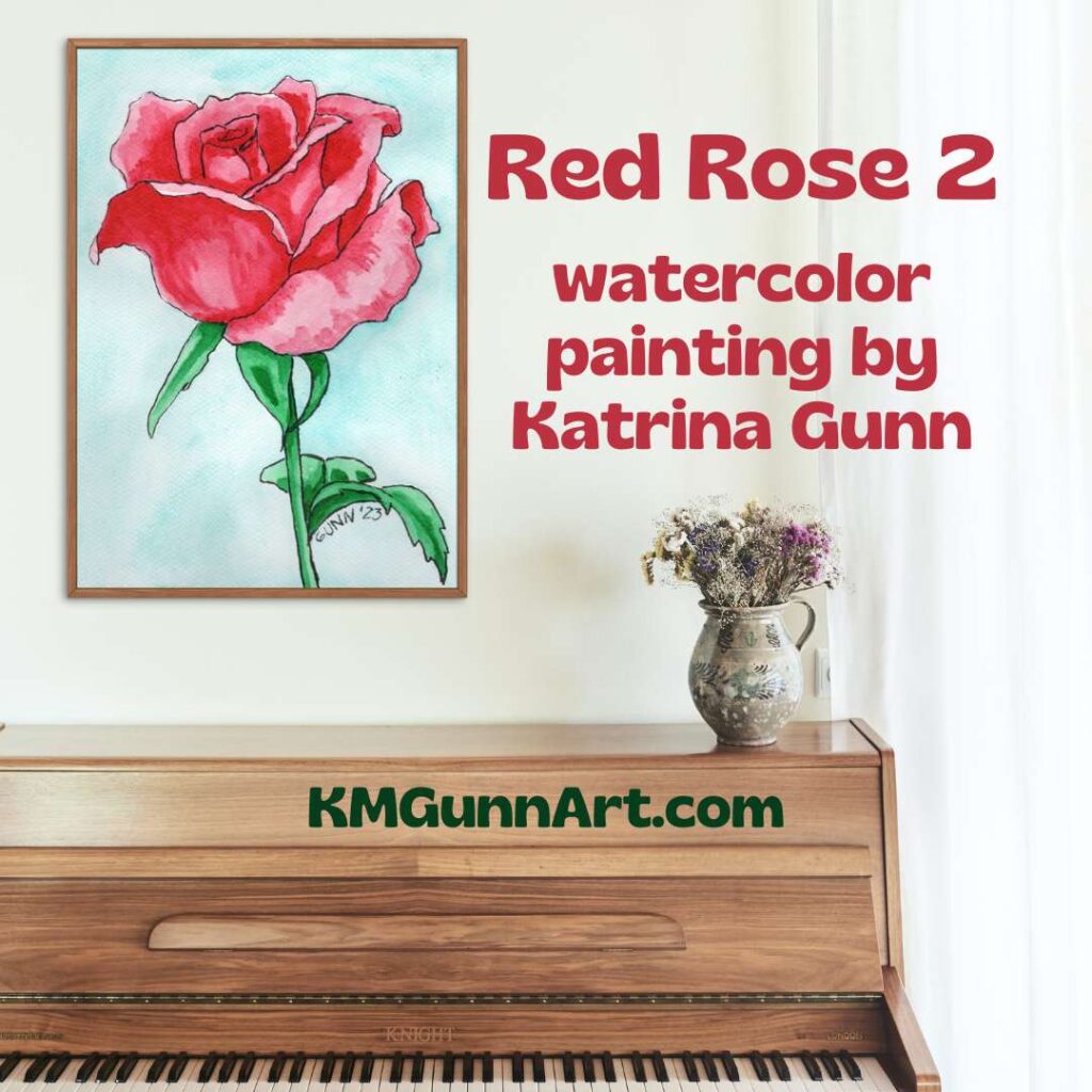 mockup of new watercolor painting Red Rose 2 in slim wood fame hanging above a piano