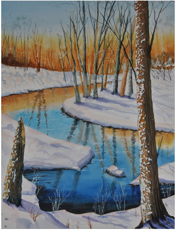 snowy landscape of a stream in winter by Jo Wortman of Siena Blue