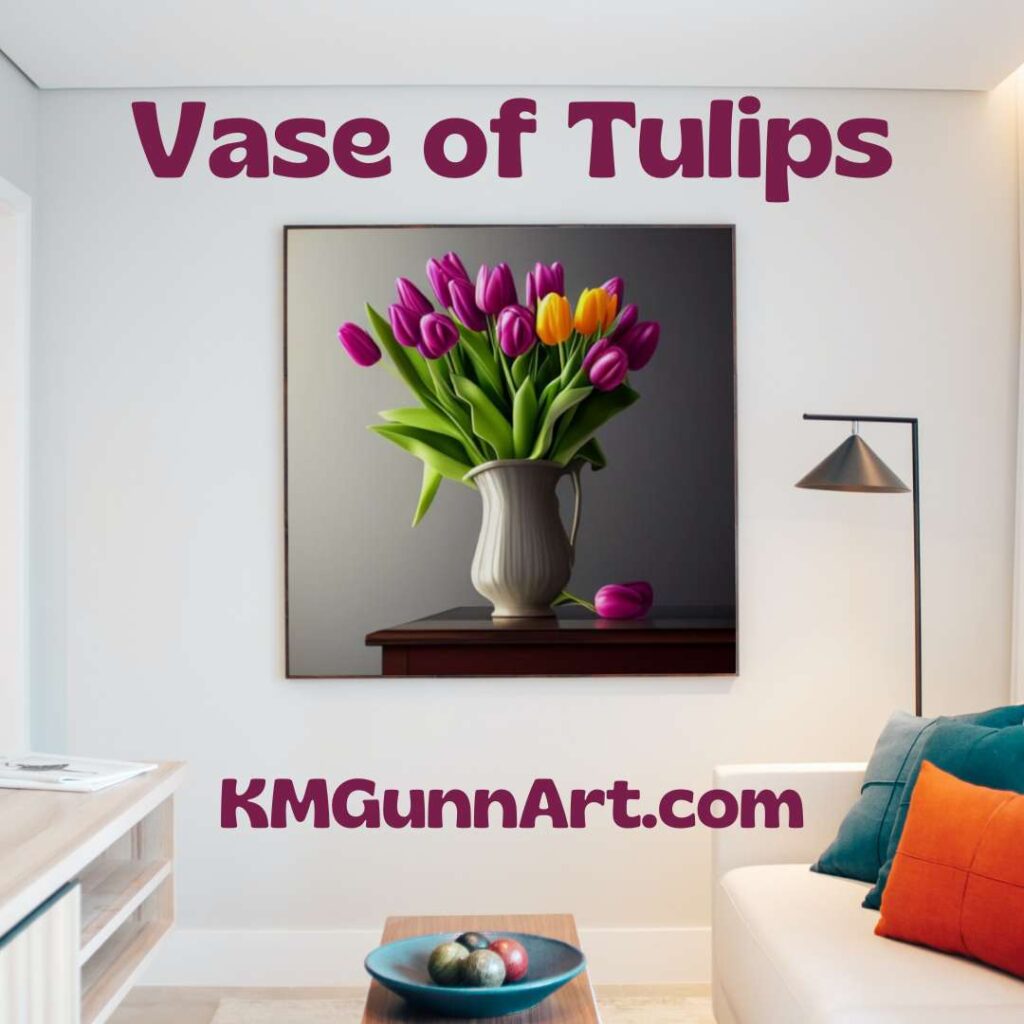 large art print of Vase of Tulips in a family room mockup, with magenta-purple flowers in a white vase on a wood table, with two yellow tulips to provide a pop of contrasting color