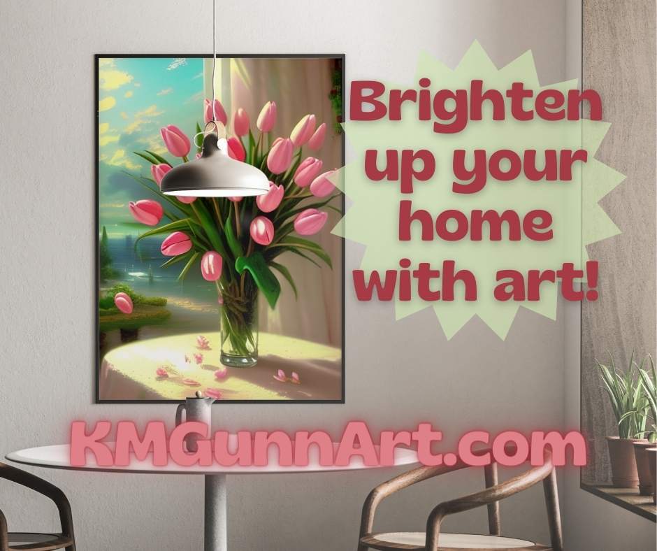 mockup of large art print of Pretty Pink Tulips hanging behind a small table next to a window letting in sunlight
