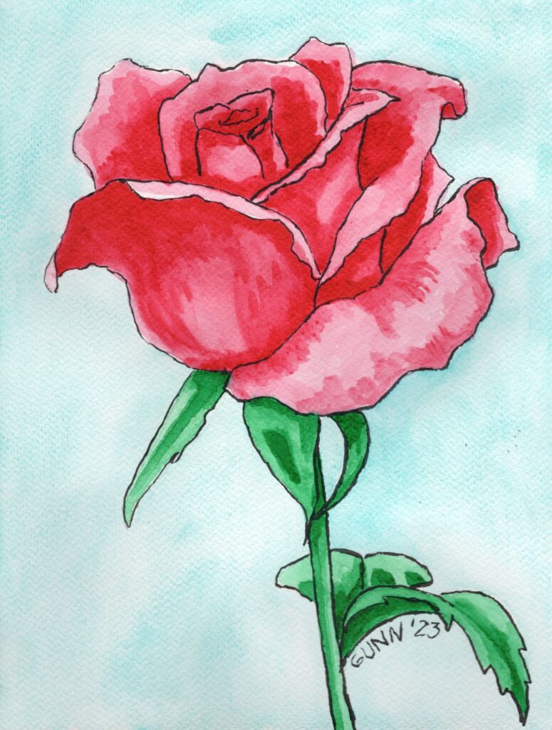 finished painting Red Rose 2, watercolor  and ink on paper, 9 by 12 inches, $100 USD