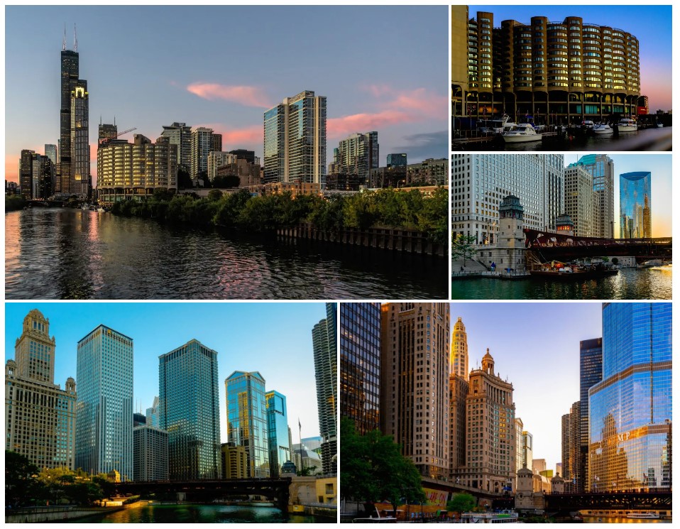 collage of Chicago skyline at sunset from Lake Michigan