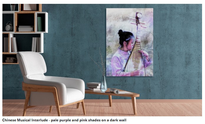 painting of Chinese girl holding musical instrument hanging on a dark wall