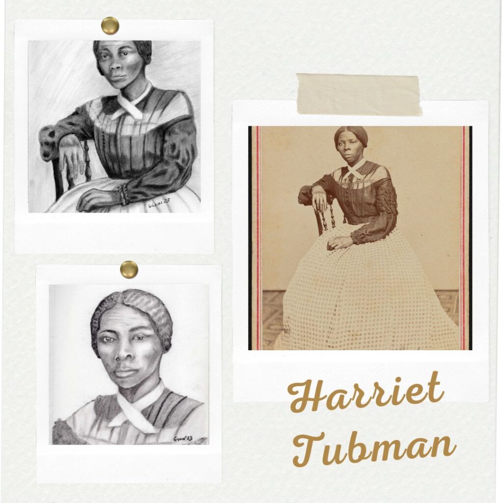 collage of my reference photo of Harriet Tubman and my first two portrait drawings, one in traditional black charcoal and the other using a dark brown tinted charcoal