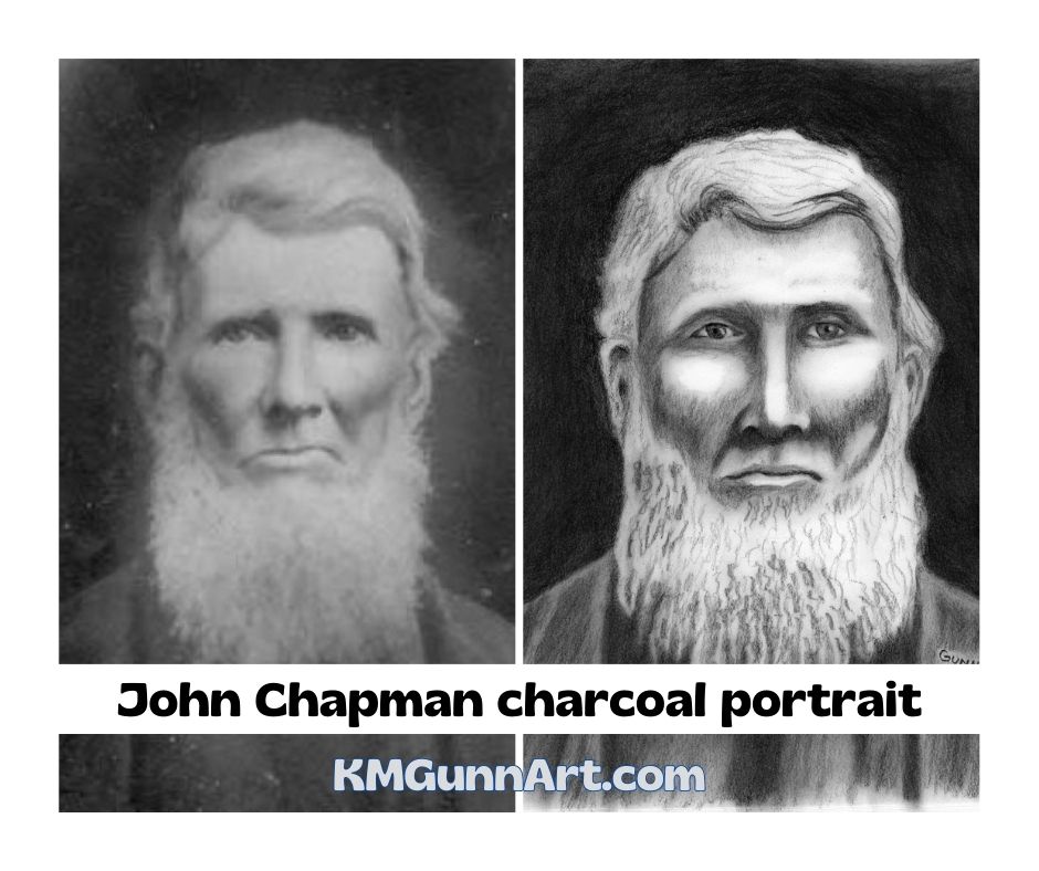 side by side comparison of the cropped reference photo on left and my charcoal portrait on right of John Chapman, better known as Johnny Appleseed