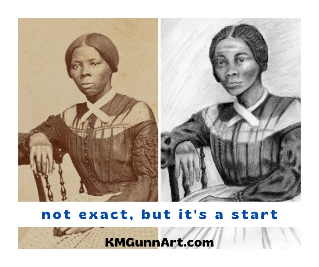 side by side comparison of reference photograph from Library of Congress and my charcoal portrait drawing of Harriet Tubman
