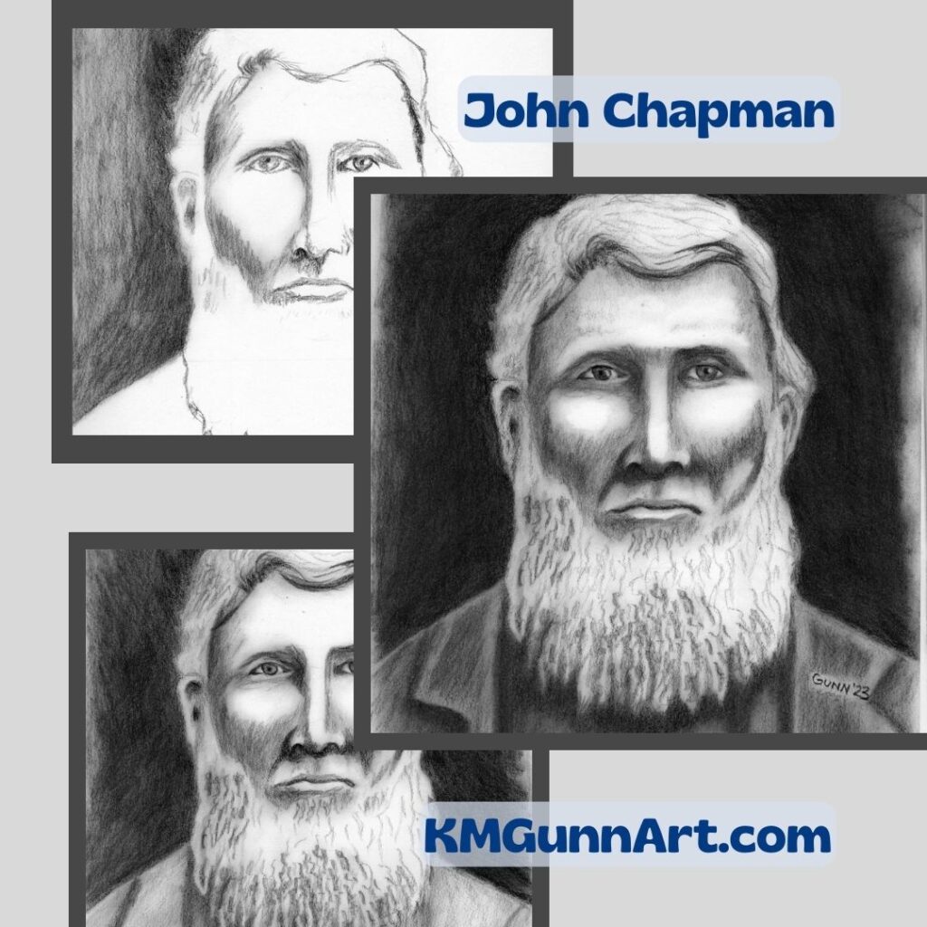 two in-progress scans and finished portrait for Johnny Appleseed (real name John Chapman) showing the evolution of this charcoal drawing