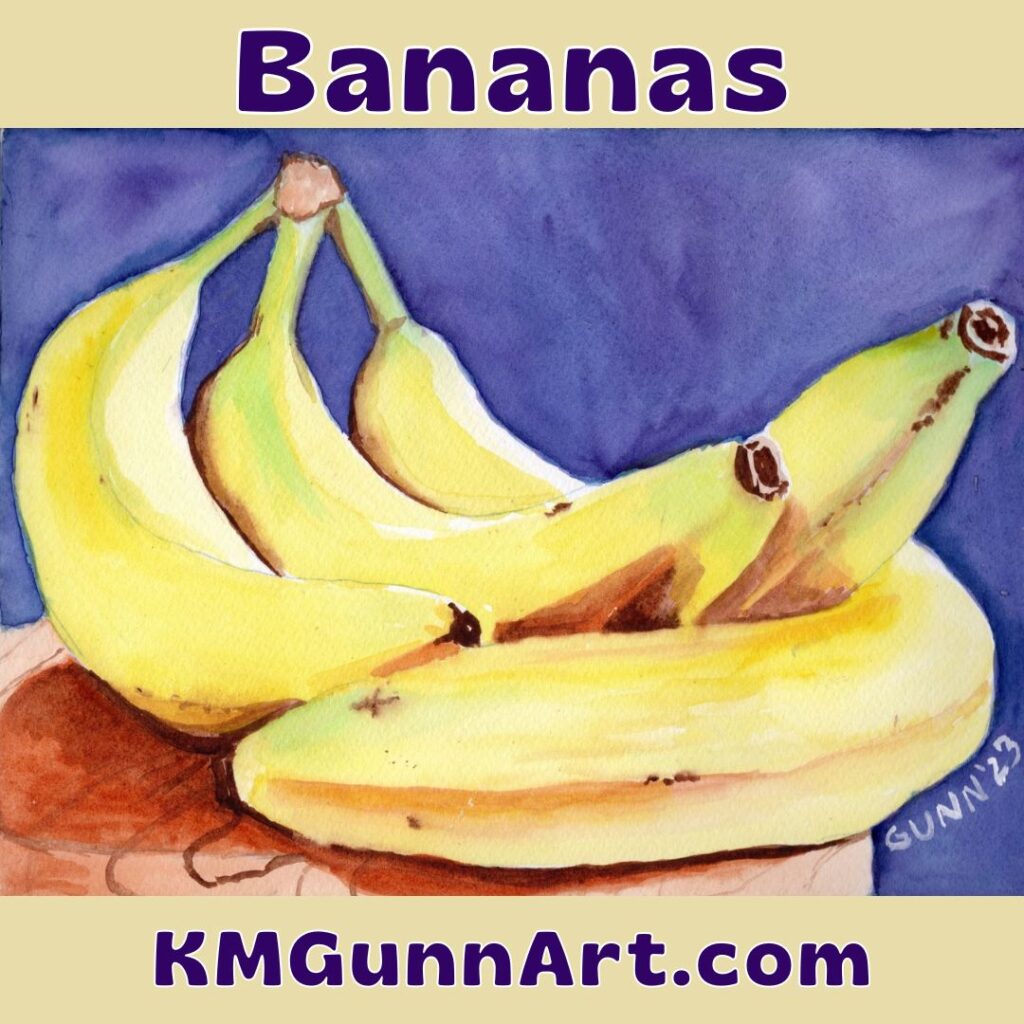 graphic of my watercolor still life painting simply titled Bananas, in the square format sites like Instagram love so much