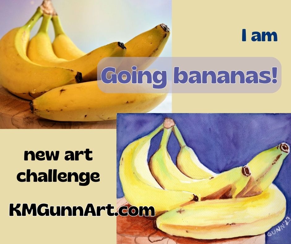 graphic collage of the reference photo of bananas I used for my still life watercolor painting for the short art challenge