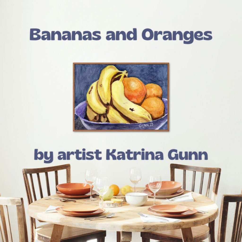 fruit still life watercolor painting Bananas and Oranges framed and hanging over the dining table