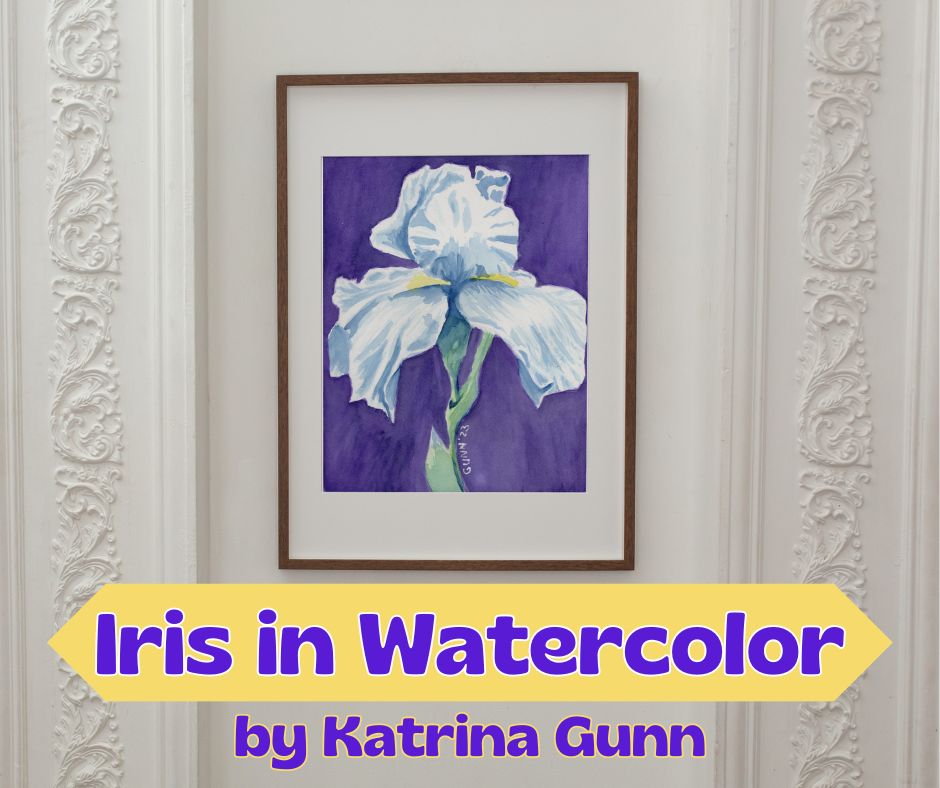 software-generated mockup of a larger print of my iris floral watercolor painting in white matting with a slim dark wood frame