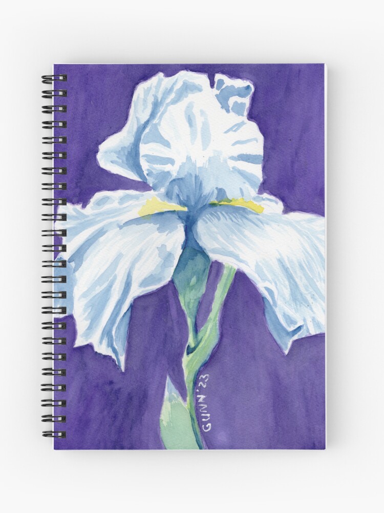 my Iris in Watercolor painting printed on the cover of a spiral notebook from RedBubble